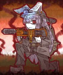 Rule 34 | 1girl, aiming, alternate costume, animal ears, backpack, bag, blush stickers, rabbit ears, commentary, from side, full body, gun, helmet, holding, holding gun, holding weapon, jacket, kneeling, light, long sleeves, looking at viewer, md5 mismatch, pants, profile, red eyes, reisen udongein inaba, resized, shoes, solo, suenari (peace), touhou, weapon
