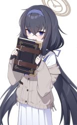 Rule 34 | 1girl, black hair, blouse, blue archive, blue eyes, blush, book, commentary request, halo, headband, highres, long hair, looking at viewer, low twintails, ohihil, open mouth, school uniform, serafuku, shirt, simple background, solo, sweater, twintails, ui (blue archive), very long hair, white background, white shirt
