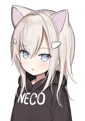 Rule 34 | 1girl, :o, animal ears, black hoodie, blue eyes, blush, brown hair, capriccio, cat ears, clothes writing, commentary request, hair between eyes, hair ornament, hairclip, hood, hood down, hoodie, looking at viewer, original, parted lips, simple background, solo, white background
