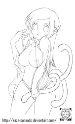 Rule 34 | 1girl, ass, breasts, cat tail, cloudxmoe, cowboy shot, cropped legs, dress shirt, ear piercing, earrings, female focus, greyscale, highres, jewelry, large breasts, lineart, long hair, monochrome, multiple tails, nipple slip, nipples, no bra, nude, oekaki, open clothes, open shirt, original, panties, piercing, pointy ears, shirt, simple background, solo, standing, tail, underwear, watermark, web address, white background