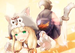Rule 34 | 1girl, all fours, animal hands, black ribbon, black serafuku, black skirt, blonde hair, claws, commentary request, gloves, green eyes, hair ribbon, highres, kantai collection, long hair, looking at viewer, paw gloves, paw shoes, pleated skirt, ribbon, school uniform, serafuku, skirt, solo, tail, tress ribbon, wolf hood, wolf tail, yellow background, yomitsuna, yuudachi (kancolle)