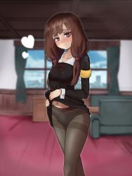 Rule 34 | 1girl, armband, black dress, blurry, blurry background, blush, breasts, brown eyes, brown hair, brown pantyhose, clothes lift, commentary, couch, covered erect nipples, desk, dress, dress lift, english commentary, feet out of frame, frown, heart, highres, iino miko, indoors, kaguya-sama wa kokurasetai ~tensai-tachi no renai zunousen~, long hair, long sleeves, low twintails, moriforests, navel, neck ribbon, panties, panties under pantyhose, pantyhose, red ribbon, ribbon, school uniform, shuuchiin academy school uniform, small breasts, twintails, underwear, window, yellow armband