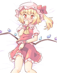 Rule 34 | 1girl, arnest, ascot, blonde hair, blush, crystal, feet out of frame, flandre scarlet, hand to own mouth, hand up, hat, hat ribbon, looking at viewer, lying, medium hair, mob cap, on back, one side up, pink hat, pink shirt, red eyes, red ribbon, red skirt, red vest, ribbon, shirt, short sleeves, skirt, solo, touhou, vest, wings, wrist cuffs, yellow ascot