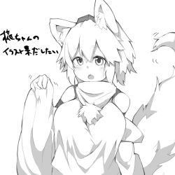 Rule 34 | 1girl, animal ears, blush, breasts, commentary request, detached sleeves, greyscale, hair between eyes, hand up, hat, houkai (collapse illust), inubashiri momiji, large breasts, looking at viewer, monochrome, open mouth, pom pom (clothes), shirt, short hair, simple background, sleeveless, sleeveless shirt, solo, tail, tokin hat, touhou, translation request, turtleneck, turtleneck shirt, upper body, wolf ears, wolf girl, wolf tail