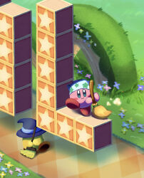 Rule 34 | aruco co, bandana, blue eyes, blue headwear, blush, blush stickers, broom, broom hatter, cleaning kirby, closed mouth, commentary request, copy ability, day, flower, grass, hat, highres, holding, holding broom, kirby, kirby (series), looking at viewer, nintendo, no humans, outdoors, smile, standing, star (symbol), star block, star print, white bandana, witch hat
