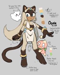 Rule 34 | 1girl, absurdres, animal ears, anklet, armlet, bad source, bare shoulders, barefoot, blue eyes, bracelet, breasts, cat, cat ears, cat tail, chao (sonic), character sheet, cleavage, english text, ghost, highres, jewelry, large breasts, long hair, necklace, oasis (seeslugs), original, sandopoliszone, sonic (series), tail, unfinished