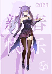 Rule 34 | 1girl, 2023, absurdres, asymmetrical legwear, bare shoulders, black thighhighs, breasts, cleavage, closed mouth, collarbone, cone hair bun, detached sleeves, dress, earrings, full body, genshin impact, gloves, gradient hair, grey hair, hair between eyes, hair bun, heitong kino, highres, holding, holding plate, jewelry, keqing (genshin impact), long hair, long sleeves, medium breasts, multicolored hair, plate, purple dress, purple footwear, purple gloves, purple hair, red eyes, short dress, single leg pantyhose, skindentation, smile, solo, strapless, strapless dress, thighhighs, twintails, very long hair