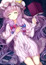 Rule 34 | 1girl, absurdly long hair, blue background, book, capelet, crescent, crescent hair ornament, dress, eyelashes, grimoire, hair ornament, hair ribbon, hand on own chest, hat, highres, light particles, light purple hair, long hair, long sleeves, magic circle, mob cap, open book, patchouli knowledge, pentagram, ribbon, ribbon-trimmed clothes, ribbon-trimmed sleeves, ribbon trim, shanguier, sidelocks, sleeping, solo, striped clothes, striped dress, touhou, triangle mouth, vertical-striped clothes, vertical-striped dress, very long hair