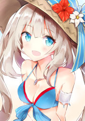 Rule 34 | 1girl, :d, bare shoulders, bikini, blue bikini, blue bow, blue eyes, blush, bow, breasts, cleavage, collarbone, commentary request, fate/grand order, fate (series), flower, hair between eyes, hat, hat bow, hat flower, highres, light brown hair, long hair, looking at viewer, marie antoinette (fate), marie antoinette (fate/grand order), marie antoinette (swimsuit caster) (fate), marie antoinette (swimsuit caster) (third ascension) (fate), medium breasts, nanakusa amane, navel, open mouth, red flower, smile, solo, striped, striped bow, sun hat, swimsuit, twintails, upper body, very long hair, white flower