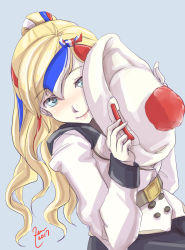 Rule 34 | 10s, 1girl, beret, blonde hair, blue eyes, blue hair, commandant teste (kancolle), double-breasted, hat, unworn hat, unworn headwear, highres, icedoll, jacket, kantai collection, lips, long hair, looking at viewer, multicolored hair, pom pom (clothes), ponytail, red hair, scarf, solo, streaked hair, white hair