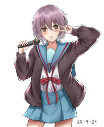 Rule 34 | 1girl, :o, black jacket, blue skirt, blush, brown eyes, cardigan, commentary request, dated, hair between eyes, highres, holding, holding microphone, jacket, kita high school uniform, looking at viewer, microphone, nagato yuki, open mouth, poisonousgas, purple hair, red ribbon, ribbon, school uniform, serafuku, shirt, short hair, simple background, skirt, solo, suzumiya haruhi no yuuutsu, v, white background, white shirt