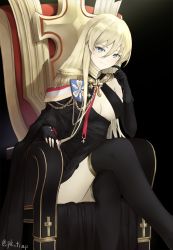 Rule 34 | 1girl, azur lane, bismarck (azur lane), bismarck (beacon of the iron blood) (azur lane), bismarck (beacon of the iron blood) (azur lane), black background, black gloves, black pantyhose, blonde hair, blue eyes, boots, breasts, dress, gloves, highres, long hair, looking at viewer, pantyhose, pk trap, sitting, sitting on chest, small breasts, smile, solo, thigh boots, thighhighs, thighs, tight clothes