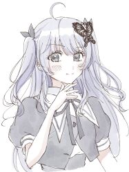 Rule 34 | 1girl, arm at side, assault lily, blush, butterfly hair ornament, buttons, closed mouth, commentary, cropped jacket, cropped torso, grey eyes, grey hair, grey ribbon, hair ornament, hair ribbon, hand up, highres, imagawa homare, light smile, long hair, looking at viewer, neck ribbon, puffy short sleeves, puffy sleeves, ribbon, school uniform, shakeza, shirt, short sleeves, simple background, solo, two side up, underbust, upper body, white background, white shirt, yurigaoka girls academy school uniform