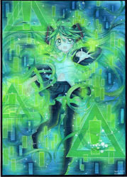 Rule 34 | !, 1girl, ballpoint pen (medium), black thighhighs, border, colored pencil (medium), commentary, crying, crying with eyes open, dated, green eyes, green hair, green theme, hatsune miku, long hair, looking at viewer, matching hair/eyes, midriff, mosho, navel, open mouth, painting (medium), reaching, reaching towards viewer, scared, signature, solo, tears, thighhighs, traditional media, triangle, twintails, very long hair, vocaloid, watercolor (medium)