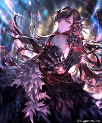 Rule 34 | 1girl, android, armor, black hair, blurry, blurry background, breasts, charging, commentary request, corset, dress, floating hair, frilled dress, frills, gears, gem, glowing, grey eyes, highres, irua, joints, long hair, looking at viewer, mechanical arms, mono garnet rebel, motion blur, multicolored eyes, official art, parted lips, robot joints, shadowverse, slit pupils, smile, solo, watermark, wind
