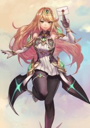 Rule 34 | 1girl, absurdres, bare shoulders, black pantyhose, blonde hair, breasts, chest jewel, dress, earrings, elbow gloves, envelope, female focus, full body, gem, gloves, headpiece, highres, jewelry, large breasts, long hair, looking at viewer, matching hair/eyes, mythra (massive melee) (xenoblade), mythra (xenoblade), nintendo, pantyhose, s seiya65698422, short dress, smash invitation, smile, solo, super smash bros., swept bangs, sword, thigh strap, tiara, very long hair, weapon, white dress, white gloves, xenoblade chronicles (series), xenoblade chronicles 2, yellow eyes
