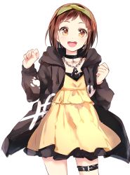 Rule 34 | 1girl, :d, absurdres, bang dream!, black choker, black jacket, brown eyes, brown hair, chain, chain necklace, choker, clenched hands, clothes writing, cowboy shot, dress, earrings, hairband, hands up, hazawa tsugumi, highres, hood, hood down, hooded jacket, jacket, jewelry, komachi narota, long sleeves, looking at viewer, necklace, open mouth, paint stains, pendant, short hair, simple background, smile, solo, thigh strap, white background, yellow dress