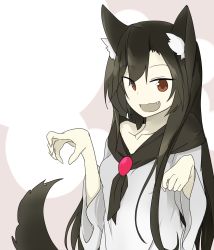 Rule 34 | 1girl, animal ears, breasts, brooch, brown hair, dress, fang, imaizumi kagerou, jewelry, long hair, long sleeves, looking at viewer, open mouth, paw pose, red eyes, small breasts, smile, solo, tail, touhou, tyouseki, wide sleeves, wolf ears, wolf tail