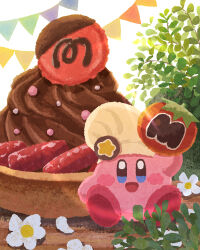 Rule 34 | badge, blue eyes, blush stickers, chef hat, chocolate, flower, food, food focus, fruit, hat, highres, holding, holding food, kirby, kirby (series), kirby cafe, long hair, maxim tomato, miclot, nintendo, open mouth, pink footwear, shoes, smile, strawberry, tart (food), white flower, white headwear