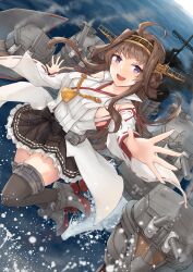 Rule 34 | 1girl, absurdres, ahoge, black thighhighs, brown hair, brown skirt, commission, detached sleeves, double bun, dutch angle, hair bun, hairband, headgear, highres, k jie, kantai collection, kongou (kancolle), kongou kai ni (kancolle), long hair, machinery, nontraditional miko, open mouth, pleated skirt, popped collar, purple eyes, ribbon-trimmed sleeves, ribbon trim, rudder, skeb commission, skirt, solo, thighhighs