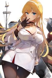 Rule 34 | 1girl, azur lane, black gloves, black pantyhose, breasts, buttons, cleavage, collar, commentary request, commission, cross, cross necklace, gloves, hair ornament, hairband, hand up, highres, jewelry, large breasts, long sleeves, looking at viewer, machinery, military, military uniform, miniskirt, naval uniform, necklace, north carolina (azur lane), open clothes, pantyhose, simple background, skeb commission, skirt, solo, tomochi (tmc tmc8), uniform, white background