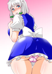 Rule 34 | 1girl, ass, back bow, blue dress, blue eyes, blush, bow, breasts, cameltoe, closed mouth, commentary request, cowboy shot, dress, frilled dress, frills, from behind, gradient background, green bow, grey hair, hair bow, hands on own chest, highres, izayoi sakuya, large breasts, lips, looking back, maid, maid headdress, nose, panties, pantyshot, pink panties, puffy short sleeves, puffy sleeves, shiny skin, shiraue yuu, short hair, short sleeves, solo, standing, touhou, twintails, underwear, white bow, white sleeves