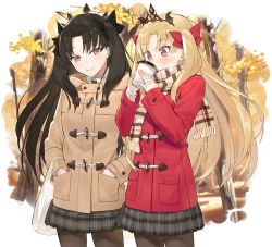 Rule 34 | 2girls, bag, black bow, black hair, blonde hair, blush, bow, brown coat, brown legwear, brown scarf, closed mouth, coat, coffee cup, commentary request, covered mouth, cup, disposable cup, duffel coat, ereshkigal (fate), fate/grand order, fate (series), fringe trim, grey skirt, hair bow, hands in pockets, hayashi kewi, head tilt, holding, holding cup, ishtar (fate), long hair, long sleeves, multiple girls, pantyhose, parted bangs, plaid, plaid scarf, plaid skirt, plastic bag, pleated skirt, red bow, red coat, red eyes, scarf, shopping bag, siblings, sisters, skirt, sleeves past wrists, smile, tiara, tree, two side up, very long hair