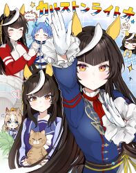 3girls :&lt; blue_hair breasts calstone_light_o_(umamusume) cat closed_eyes closed_mouth commentary_request dreadlocks durandal_(umamusume) gloves godolphin_barb_(umamusume) heart highres horse_girl jacket leaf long_hair looking_at_viewer medium_breasts multiple_girls pof_(peuplierpof) smile stuffed_animal stuffed_cat stuffed_toy track_jacket translation_request umamusume yellow_eyes