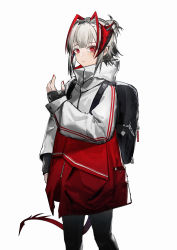 Rule 34 | 1girl, alternate costume, alternate hairstyle, arknights, arm at side, backpack, bag, black hair, black pantyhose, blush, bright pupils, coat, demon girl, demon horns, demon tail, feet out of frame, gradient hair, hair bun, hand up, high collar, highres, horns, long sleeves, looking at viewer, multicolored coat, multicolored hair, nail polish, pantyhose, parted lips, red eyes, red nails, silver hair, simple background, single hair bun, solo, standing, tail, two-tone coat, w (arknights), white background, yuuki mix