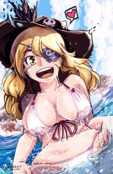 Rule 34 | 1girl, bikini, blonde hair, breasts, charochai, cleavage, eyepatch, hat, highres, large breasts, long hair, open mouth, original, pirate hat, sideboob, solo, swimsuit