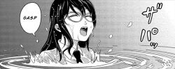 Rule 34 | 1girl, asphyxiation, breasts, cover, cover page, gasp, glasses, long hair, manga cover, monochrome, non-web source, panties, partially submerged, skirt, speech bubble, tie, underwear, water, yuki nee-chan no kan-nou gokko