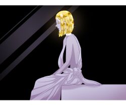 Rule 34 | 1other, absurdres, androgynous, aqua hair, bare shoulders, black background, blonde hair, bob cut, colored eyelashes, crystal hair, depressed, from side, half-closed eyes, highres, houseki no kuni, inverted bob, letterboxed, lonely, looking away, other focus, parted lips, profile, robe, short hair, sitting, solo, sparkle, white robe, yagi hara, yellow diamond (houseki no kuni), yellow eyes