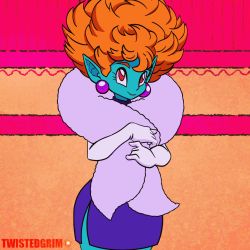 Rule 34 | 1girl, afro, animated, animated gif, colored skin, cowboy shot, curly hair, dragon ball, dress, earrings, elbow gloves, facing viewer, feather boa, fur trim, gloves, green skin, hebihime (dragon ball), highres, huge filesize, jewelry, lipstick, looking at viewer, makeup, open mouth, orange hair, pink eyes, pointy ears, red eyes, short dress, short hair, smile, solo, sphere earrings, standing, twistedgrim, upper body, white gloves
