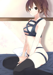 Rule 34 | 10s, 1girl, bed, bikini, black thighhighs, blurry, blush, breasts, brown eyes, brown hair, cleavage, collarbone, depth of field, from side, frown, highres, indoors, kaga (kancolle), kantai collection, medium breasts, myuto (advent retribution), navel, on bed, pillow, side ponytail, sitting, solo, swimsuit, thighhighs, yokozuwari