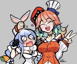 Rule 34 | 2girls, annoyed, braid, breasts, carrot, chef hat, cleavage, closed eyes, commentary, english commentary, food-themed hair ornament, grey background, hair ornament, hat, holding ears, hololive, hololive english, joeydrawss, large breasts, medium breasts, multiple girls, open mouth, smile, takanashi kiara, takanashi kiara (1st costume), twin braids, usada pekora, usada pekora (1st costume), v, virtual youtuber, white eyes, wide-eyed