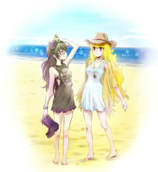 Rule 34 | 2girls, alternate costume, barefoot, beach, bespectacled, black hair, blake belladonna, blonde hair, boots, unworn boots, bow, day, dress, full body, glasses, hair bow, hat, highres, iesupa, jewelry, long hair, multiple girls, necklace, purple eyes, rwby, smile, sundress, yang xiao long, yellow eyes