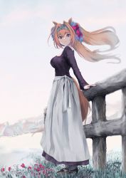 Rule 34 | 1girl, against fence, alternate costume, animal ears, apron, black dress, bow, breasts, brown eyes, daiwa scarlet (umamusume), day, dress, fence, floating hair, flower, from side, grass, hair bow, hair intakes, highres, horse ears, horse girl, horse tail, large breasts, long hair, long sleeves, looking at viewer, looking to the side, mountainous horizon, orange hair, outdoors, parted lips, peropicnic, pink bow, red flower, solo, tail, tiara, twintails, umamusume, very long hair, waist apron, white apron, wooden fence