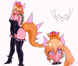 Rule 34 | armlet, bad id, bad twitter id, black collar, black legwear, bowsette, bracelet, breasts, collar, crown, dress, full body, highres, horns, jewelry, long hair, looking at viewer, mario (series), md5 mismatch, new super mario bros. u deluxe, nintendo, princess peach, resolution mismatch, sharp teeth, simple background, source smaller, spiked armlet, spiked bracelet, spiked collar, spiked shell, spiked tail, spiked thighlet, spikes, standing, strapless, strapless dress, super crown, tail, teeth, thighhighs