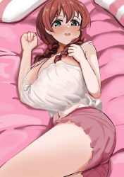 1girl aqua_eyes bare_arms bed_sheet blush braid breasts brown_hair cleavage commentary_request emma_verde freckles hair_between_eyes heart heart-shaped_pupils highres huge_breasts large_breasts looking_at_viewer love_live! love_live!_nijigasaki_high_school_idol_club lying navel on_side open_mouth pink_shorts pisagi shirt short_shorts shorts smile solo symbol-shaped_pupils teeth thighs twin_braids upper_teeth_only white_shirt