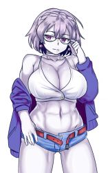 Rule 34 | 1girl, abs, adjusting eyewear, alternate hairstyle, belt, bespectacled, breasts, choker, cleavage, closed mouth, collarbone, colored skin, cowboy shot, crop top, denim, denim shorts, earrings, expressionless, glasses, gluteal fold, groin, huge breasts, jacket, jewelry, lich (monster girl encyclopedia), looking at viewer, monster girl, monster girl encyclopedia, muscular, muscular female, nav (itsnav), navel, off shoulder, open belt, purple eyes, purple hair, short hair, short shorts, shorts, simple background, solo, standing, unbuckled, unbuttoned, white background, white choker, white skin
