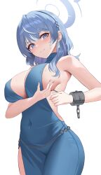 Rule 34 | 1girl, absurdres, ako (blue archive), ako (dress) (blue archive), bare shoulders, blue archive, blue dress, blue eyes, blue hair, blue halo, blush, breasts, closed mouth, commentary request, covered navel, dress, earrings, halo, highres, jbell, jewelry, korean commentary, large breasts, looking at viewer, medium hair, official alternate costume, simple background, solo, white background