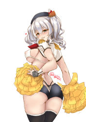 Rule 34 | 1girl, alternate costume, ass, beret, black thighhighs, blush, breasts, cheerleader, covered erect nipples, grey eyes, hair between eyes, hair ornament, hat, heart, highres, kantai collection, kashima (kancolle), kuga zankurou, large breasts, long hair, looking at viewer, panties, pom pom (cheerleading), sidelocks, silver hair, smile, solo, thighhighs, thighs, twintails, underwear, wavy hair, whale tail (clothing)