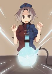 Rule 34 | 1girl, bad id, bad pixiv id, braid, breasts, brown eyes, female focus, flask, fuurin (omaemona), glowing, hat, liquid, long hair, nervous, open mouth, scared, silver hair, simple background, solo, touhou, yagokoro eirin