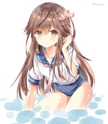 Rule 34 | 1girl, arashio (kancolle), bow, bowtie, brown eyes, brown hair, cosplay, cowboy shot, hair ornament, i-58 (kancolle), i-58 (kancolle) (cosplay), kantai collection, kurun (kurun777), long hair, looking at viewer, neckerchief, no pants, one-piece swimsuit, partially submerged, pink neckerchief, school swimsuit, school uniform, serafuku, simple background, solo, swimsuit, swimsuit under clothes, twitter username, wading, water, white background