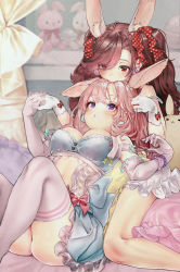 Rule 34 | 2girls, absurdres, animal ear fluff, animal ears, ass, bad id, bad pixiv id, biting hair, blue bow, blue bra, blue skirt, bow, bra, breasts, brown hair, commentary, curtains, earrings, elbow gloves, english commentary, glove bow, gloves, hair ribbon, highres, jewelry, large breasts, looking at another, multiple girls, original, pillow, pink bow, pink gloves, pink hair, polka dot, polka dot bow, purple eyes, rabbit ears, rasukii (pamiton), red bow, red eyes, red ribbon, ribbon, skirt, stuffed animal, stuffed rabbit, stuffed toy, swept bangs, thighhighs, twintails, underwear, white gloves