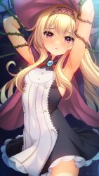 Rule 34 | armpits, arms up, black cloak, black dress, blonde hair, blue gemstone, blush, buttons, cloak, commentary request, commission, dress, frilled dress, frilled hairband, frills, furrowed brow, gem, hair between eyes, hairband, highres, irori (irorixc), little witch nobeta, long hair, looking at viewer, nobeta, parted lips, pink hairband, pixiv commission, plant, red eyes, restrained, sidelocks, sleeveless, sleeveless dress, twitter username, vines