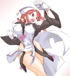 Rule 34 | 1girl, angry, breasts, cross, gloves, la pucelle, large breasts, crossed legs, nippon ichi, open mouth, pantyhose, prier, red eyes, red hair, solo, thick thighs, thighs, toned, wide hips