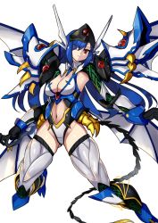 Rule 34 | 1girl, blue hair, breasts, cleavage, clothing cutout, commission, highres, i.takashi, looking down, mecha musume, medium breasts, navel, open hands, personification, red eyes, signature, skeb commission, solo, stomach cutout, super robot wars, super robot wars original generation, weissritter, white background