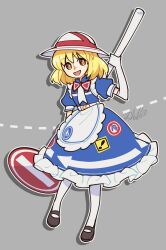 Rule 34 | 1girl, apron, arrow (symbol), blonde hair, blue dress, brown footwear, commentary, dress, elbow gloves, flat chest, frilled apron, frills, full body, gloves, grey background, hat, highres, holding, holding sign, kana anaberal, medium hair, no parking sign, pantyhose, puffy short sleeves, puffy sleeves, shikido (khf), short sleeves, sign, simple background, solo, symbol-only commentary, touhou, touhou (pc-98), waist apron, white apron, white gloves, white hat, white pantyhose, yellow eyes