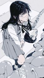 Rule 34 | 101 toi, 1girl, black hair, black socks, chainsaw man, closed mouth, full body, grey eyes, grey skirt, grey vest, highres, holding, holding sword, holding weapon, long hair, long sleeves, looking at viewer, ringed eyes, scar, scar on face, school uniform, shirt, shoes, skirt, socks, solo, standing, sword, tanaka (chainsaw man), vest, weapon, white footwear, white shirt, yoru (chainsaw man)